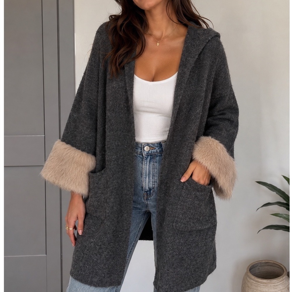 P Luca Milano Faux Fur Cuff Hooded Cardigan Sweater Gray Wool Blend Jacket S kk